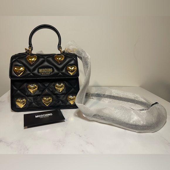 NWT MOSCHINO HEART STUDS QUILTED LEATHER SHOULDER BAG BLACK - Picture 15 of 15